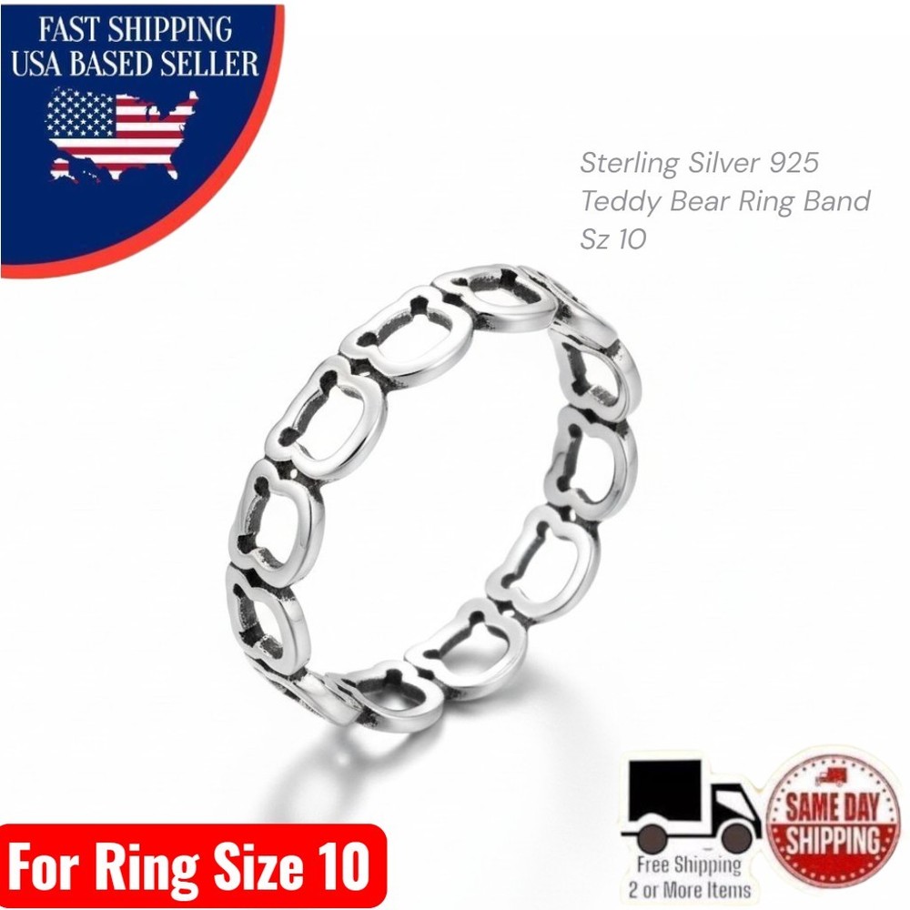 Sterling Silver 925 Stackable Teddy Bear Ring Band Size 10