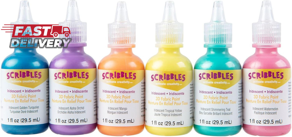 SCRIBBLES 18536 Dimensional Fabric Paint, Iridescent, 6-Pack, 1 Oz