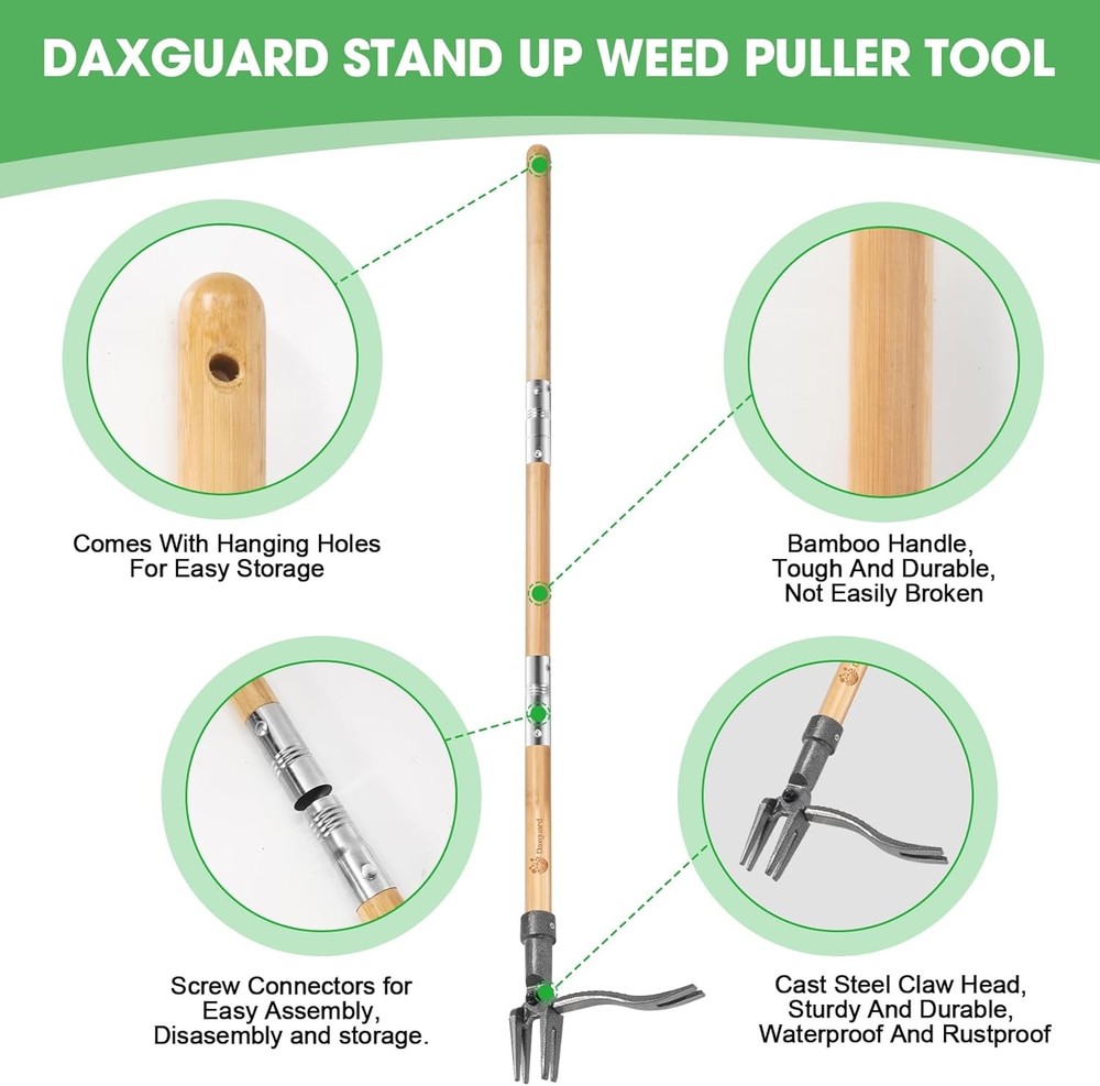 Weed Puller-Stand Up Weed Puller Tool,Adjustable 44-31.5" Bamboo Handle with Hea