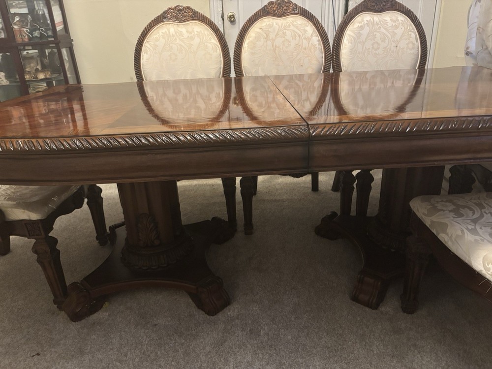 Traditional Rectangular Wood Dining Table Set with 8 Upholstered Floral Chairs