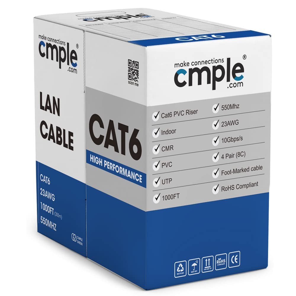 Cat6 Riser Ethernet Cable 1000ft CMR Solid 23AWG UTP 10Gb Pull Box Orange
