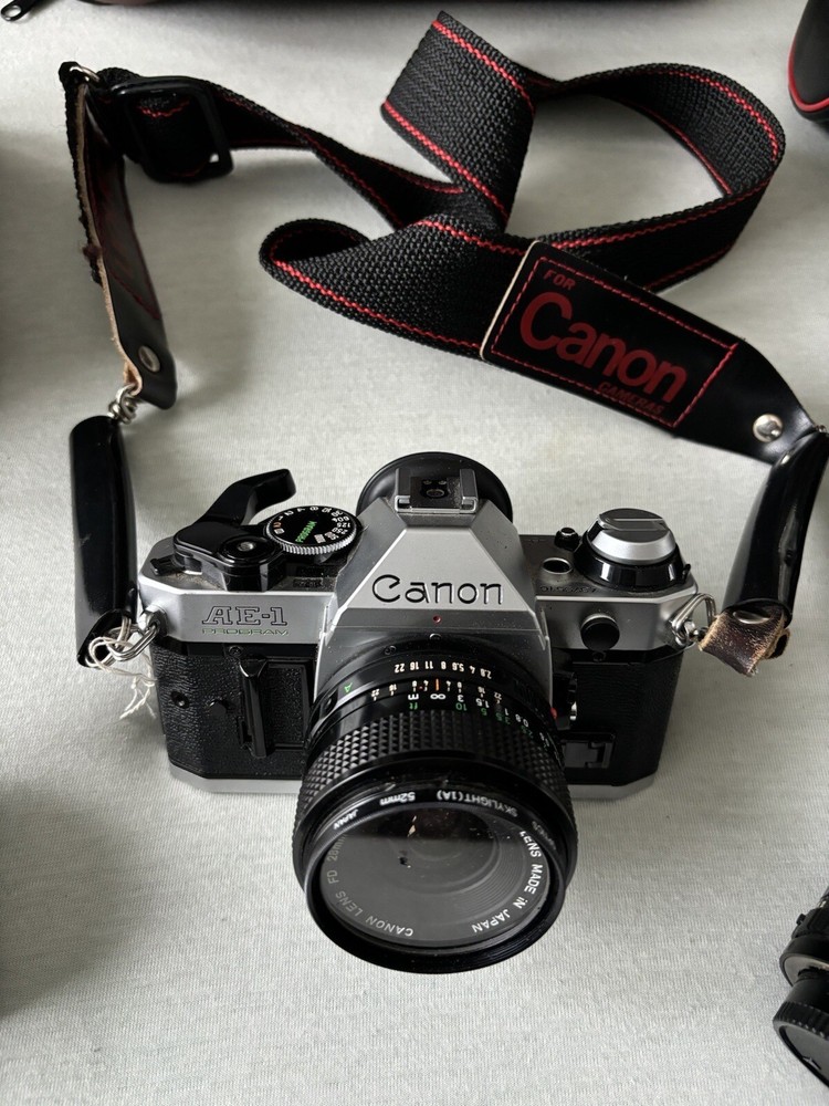 Chrome Canon AE-1 Program SLR Camera w 3 Lenses, Camera Case, Camera Bag, Filter