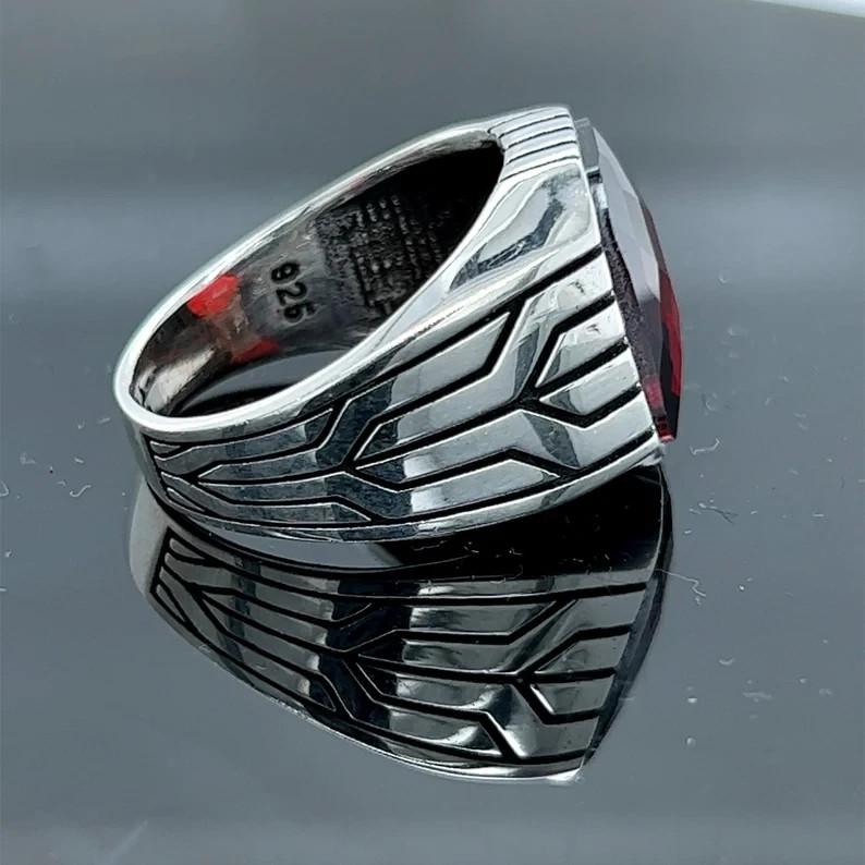 Men Ruby Red Stone Ring 925 Sterling Silver Ottoman Handmade Gift For Him
