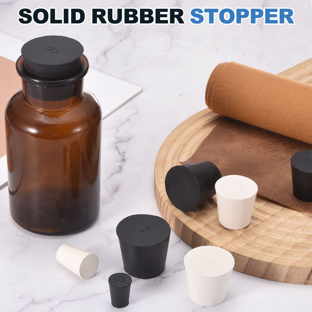 12 Pcs Solid Rubber Stopper Size 2#-21mm x 15mm - 26mm Long, Black/White