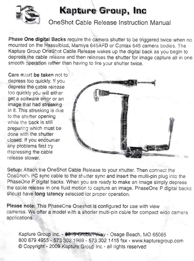 Kapture Group One Shot Release Cable for Phase One &Leaf digital backs 8-pin