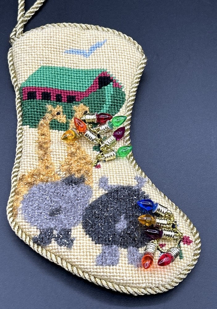 NEEDLEPOINT HANDMADE MINATURE NOAH ARK STOCKING FINISHED