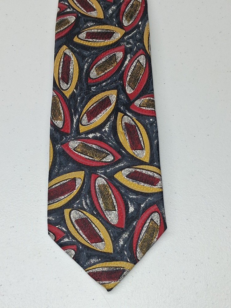 Franco Tassi 100% Silk Tie - Grey, Red & Gold Abstract Geometric - Excellent