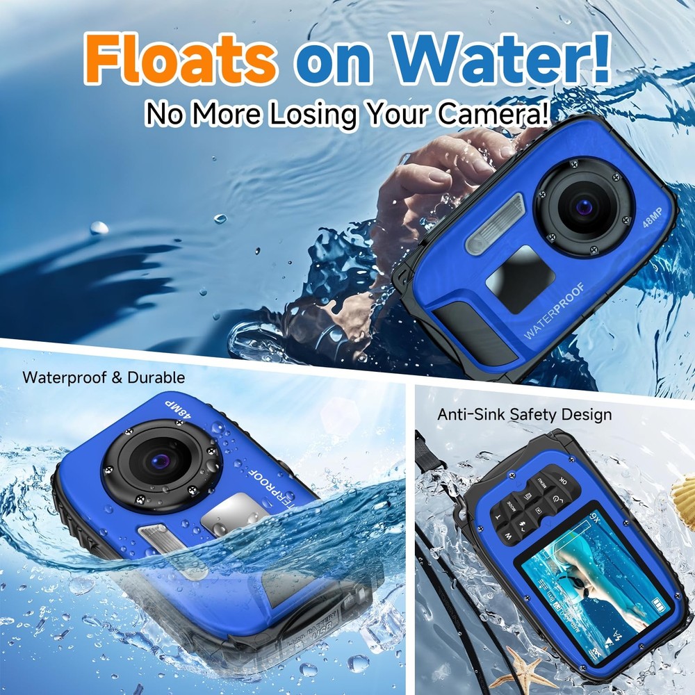 Underwater Floating Digital Camera – 48MP HD Bare-Body Waterproof Blue