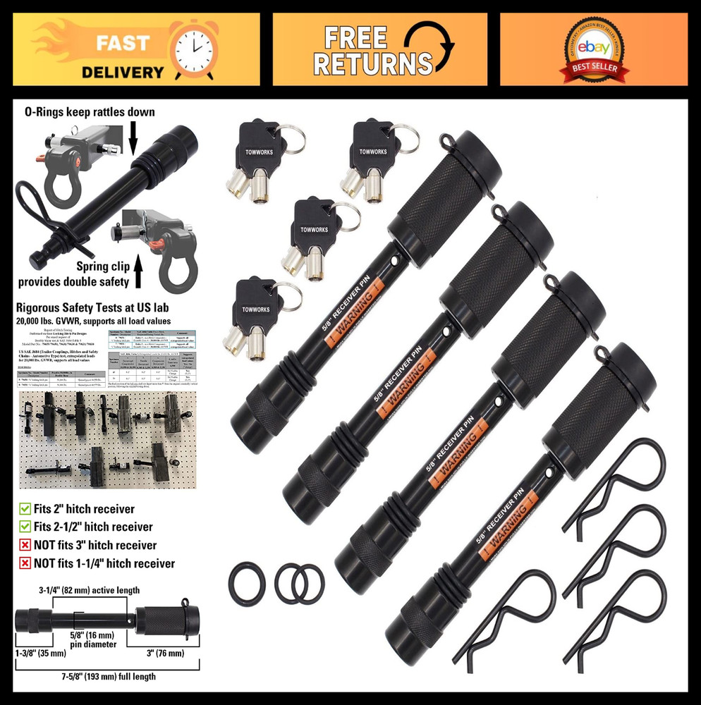 Keyed Alike Trailer Hitch Lock Set - 5/8" Security Pin, 3-1/4" Span, 4-Pack for