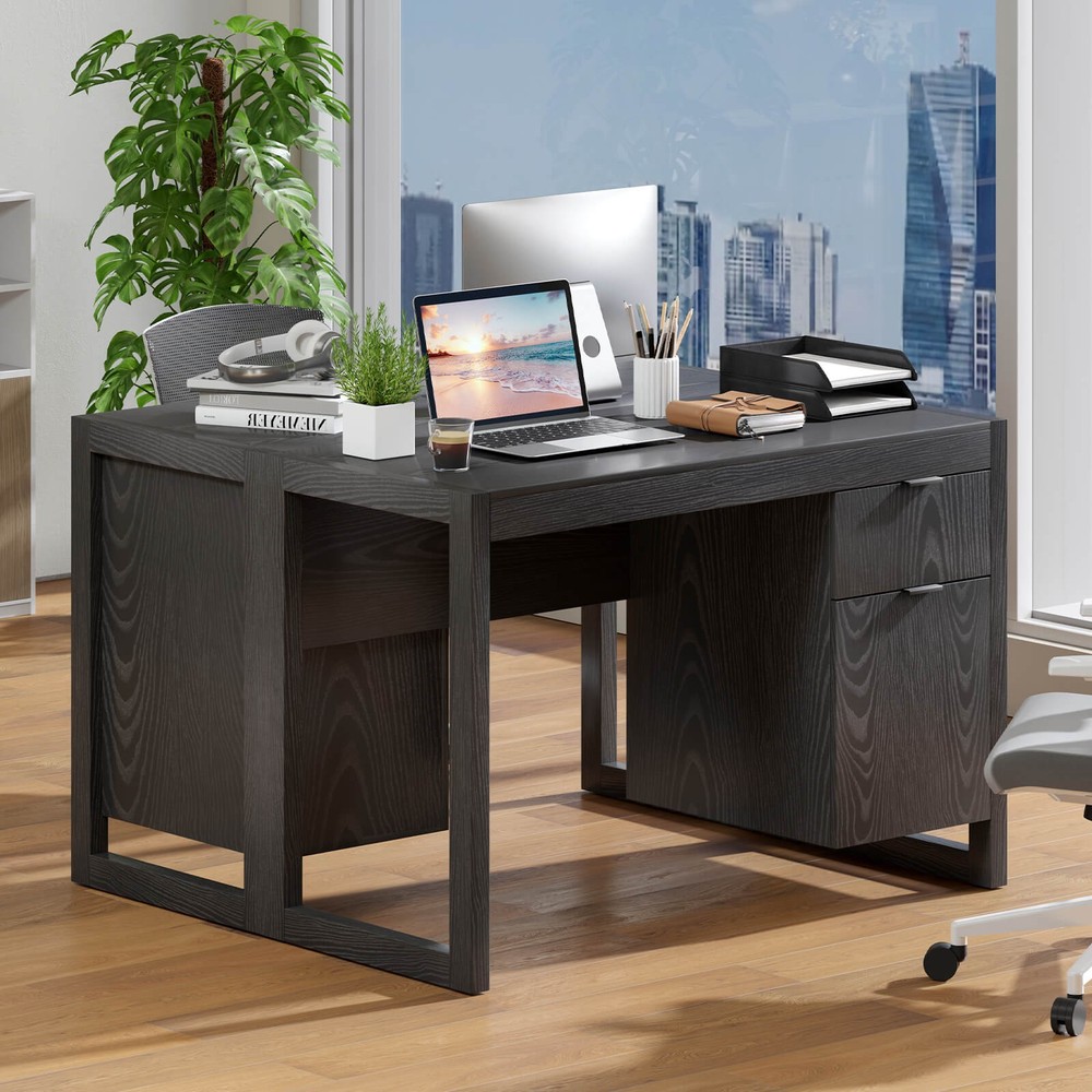 Computer Desk w/ Storage Cabinet Pull-out Drawer Stable Thick Legs for Bedroom