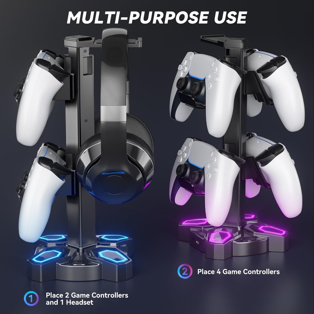 Gaming Headphone Stand Rotatable Light Modes with USB Ports & Controller Holder