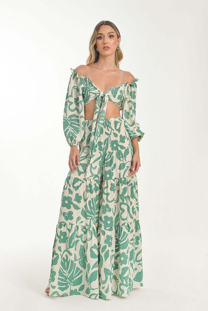 Green and White Off-Shoulder Set
