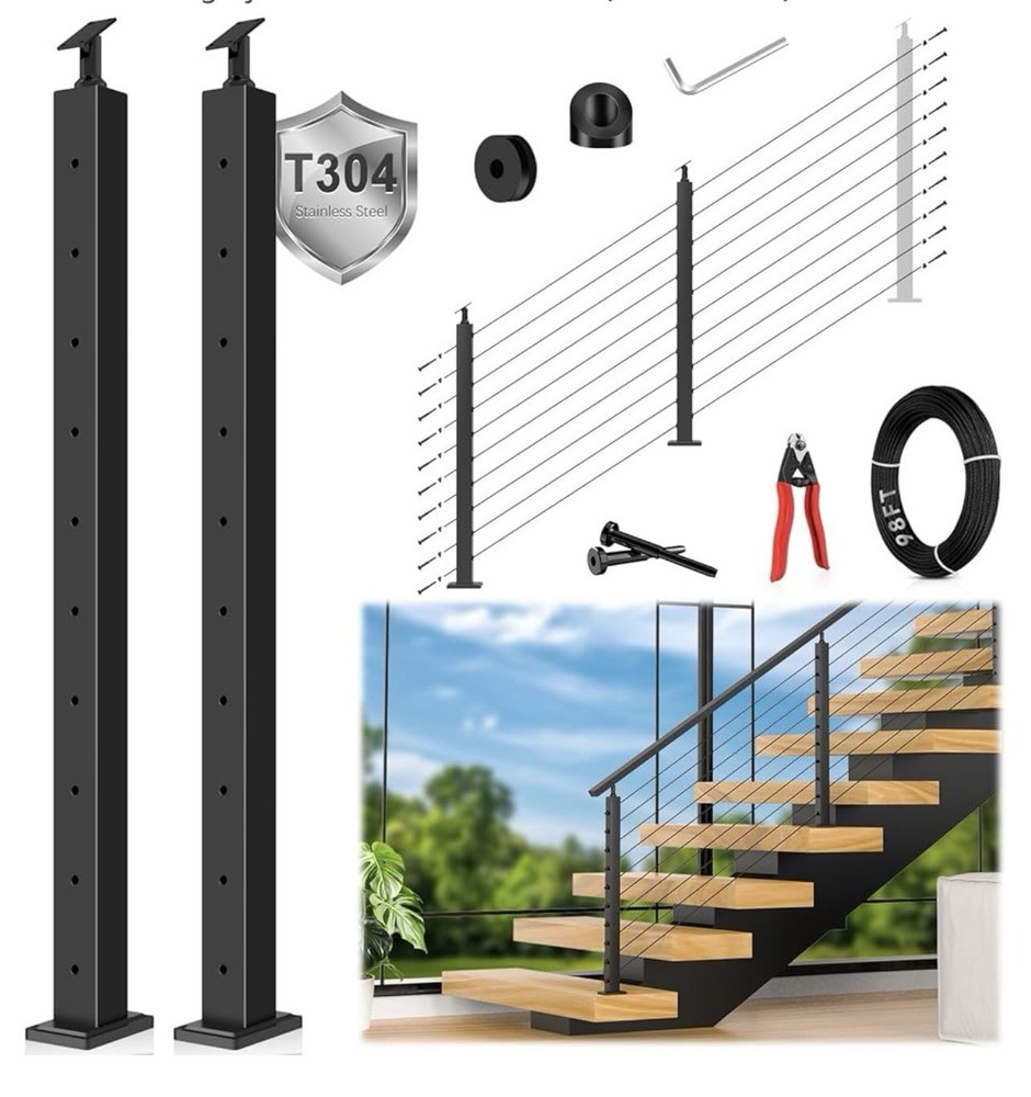 36" One-Stop Black Cable Railing Posts Kit