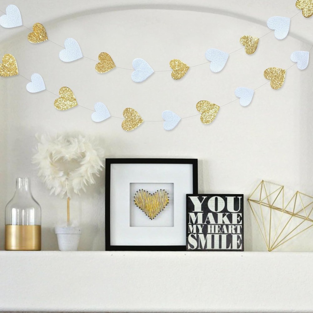 Gold and White Heart Decorations Double Sided Sequin 3D