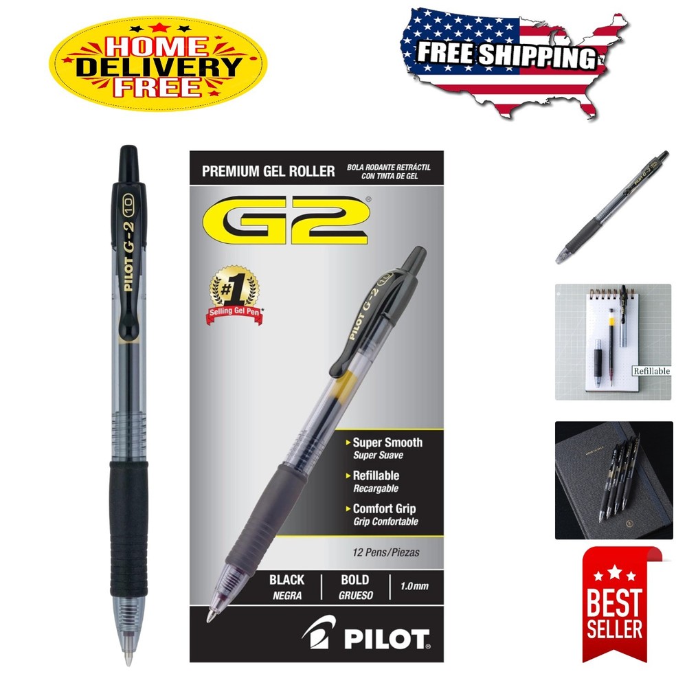 G2  Black Gel Pens, Retractable & Refillable - 12 Pack, Bold Point
