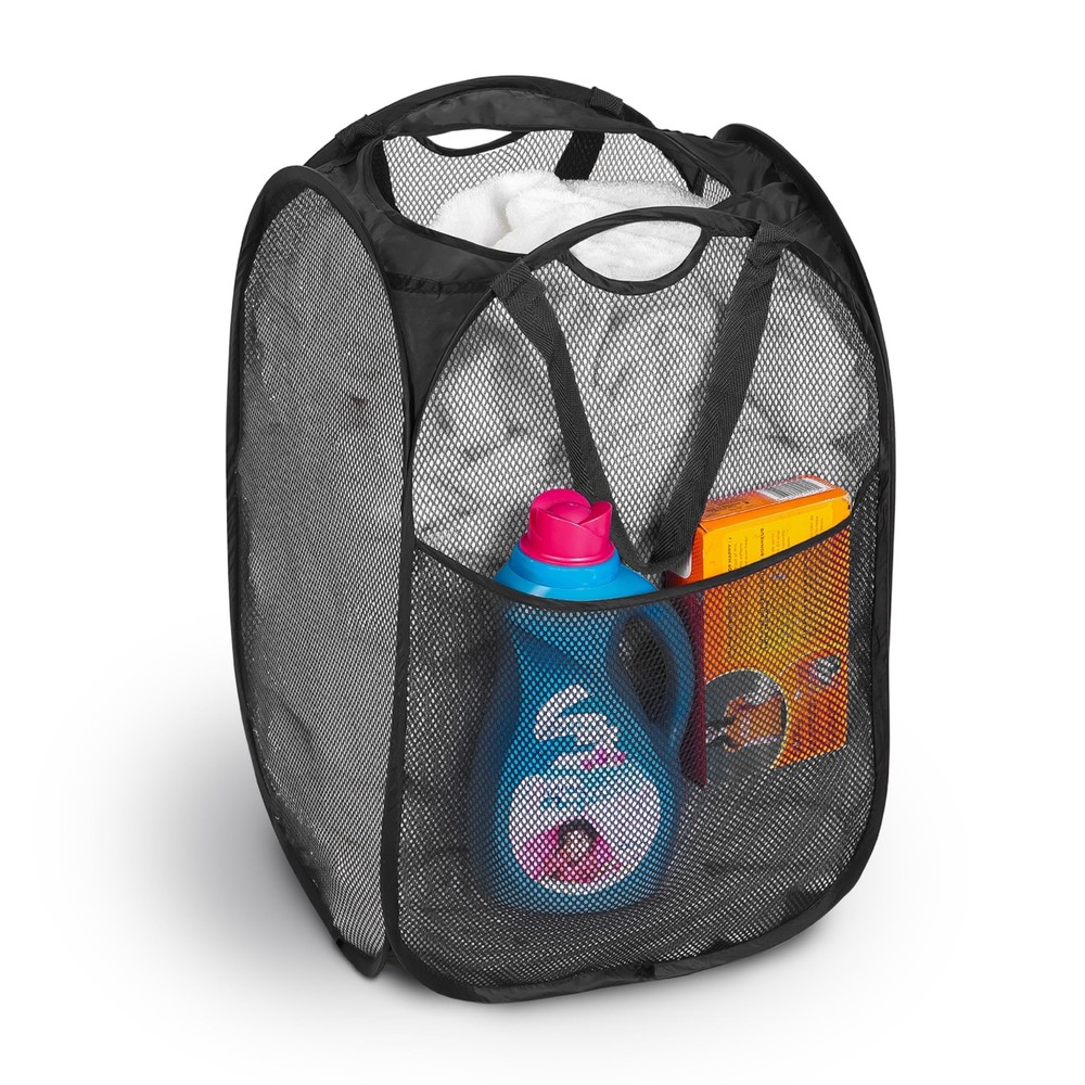 Deluxe Mesh Pop Up Square Laundry Hamper w/ Side Pocket & Handles - VentilAir...