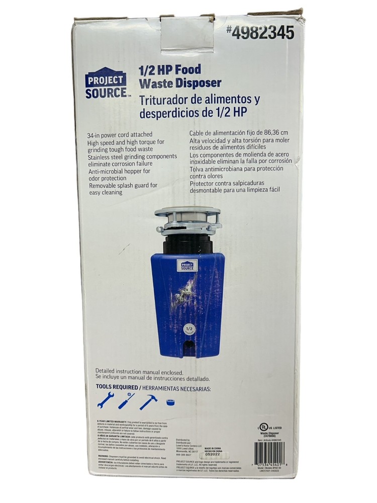 PROJECT SOURCE 4982345 UNIVERSAL 1/2 HP FOOD WASTE DISPOSER DISPOSAL