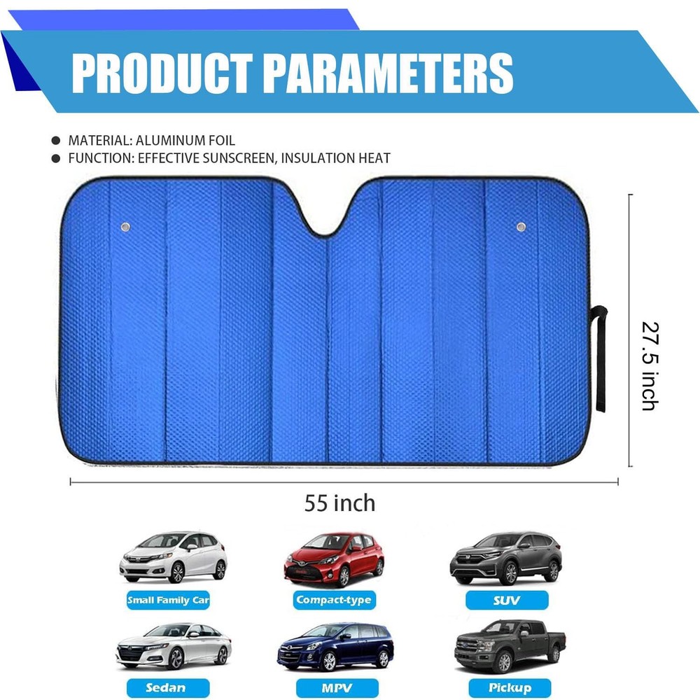 Windshield Sunshade - Foldable Reflective Sun Visor for Car - Protects Blue