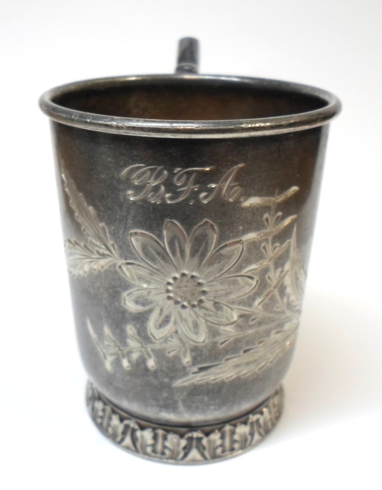 Antique VICTORIAN SILVER PLATED CUP - BFA Script Monogram 3" Tall