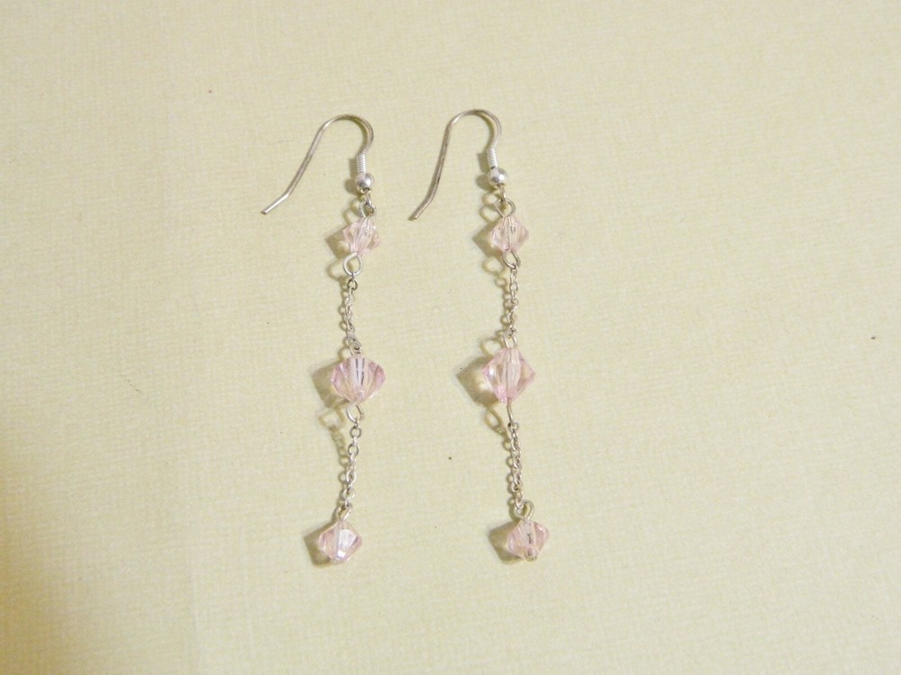 Long Dangling Silvertone & Pink Bead Pierced Earrings