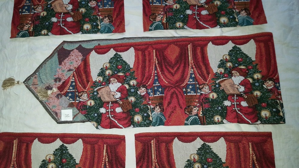 Christmas Holiday Tapestry Table Setting Runner & Place Mat Set