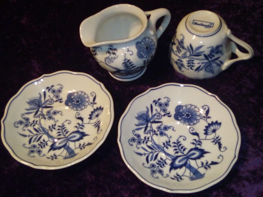 Blue Danube creamer, teacup, and two saucers