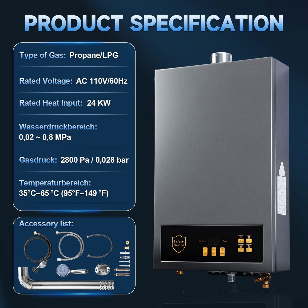 Propane Gas Hot Water Heater Tankless Instant 24KW 3.6GPM 80,000 BTU 110V