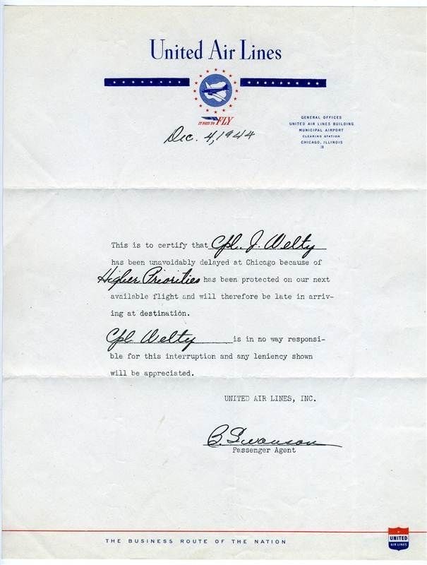 United Airlines World War II Bumped By Higher Priority Unavoidable Delay Letter