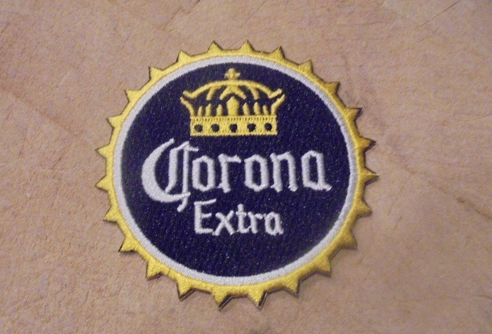 CORONA EXTRA BEER BOTTLE CAP SHAPE IRON ON PATCH  3"
