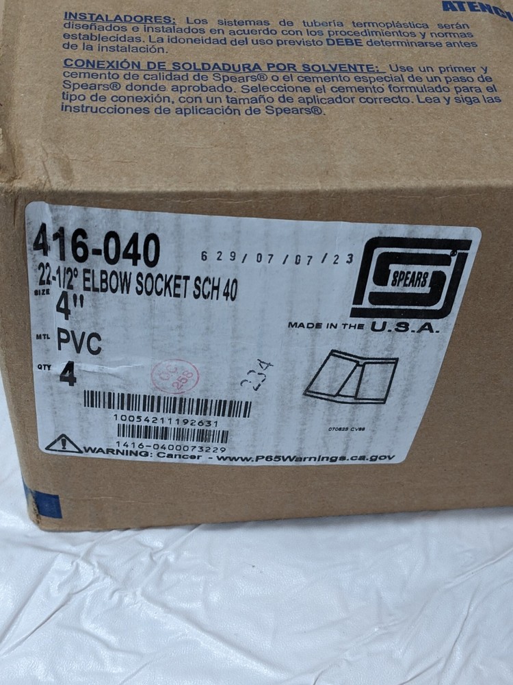 Spears 4" PVC Schedule 40 Elbow 22 Socket X Socket, Qty 4 416-040