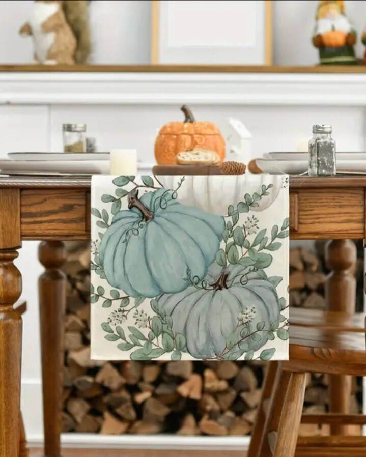 Polyester Pumpkin And Eucalyptus Leaves Autumn Fall Table Runner