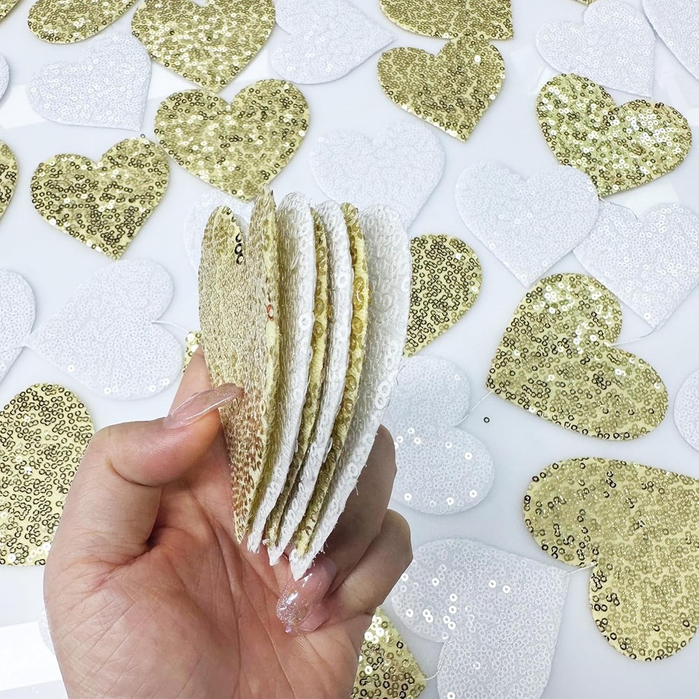 Gold and White Heart Decorations Double Sided Sequin 3D