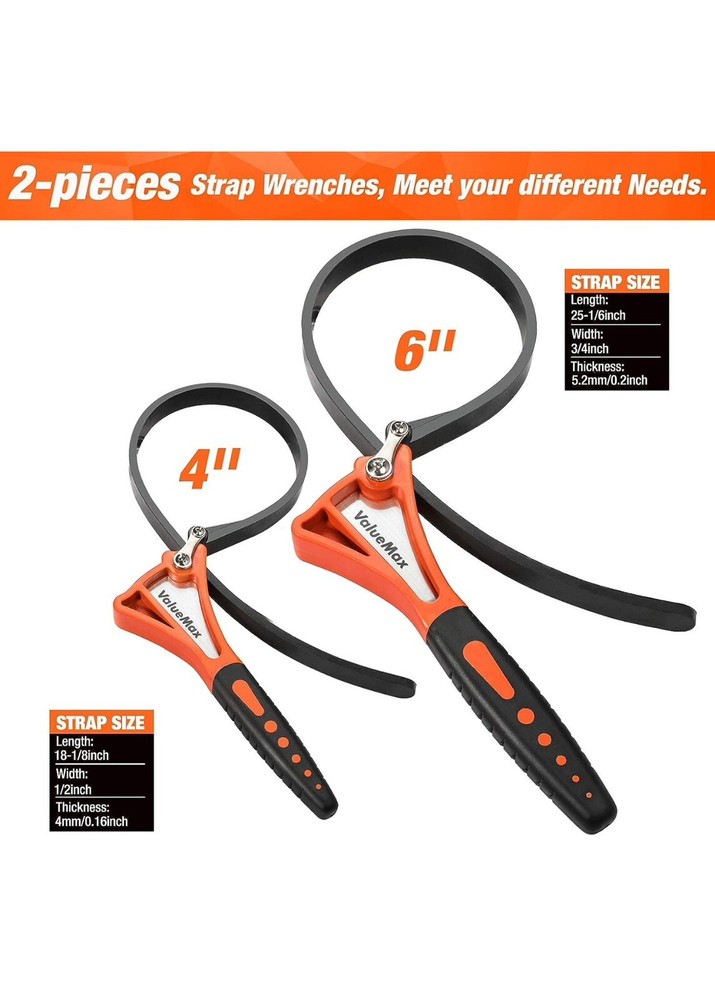 ValueMax 2-piece Strap Wrench Set, Adjustable Wrench with Max Diameter 4" (Small