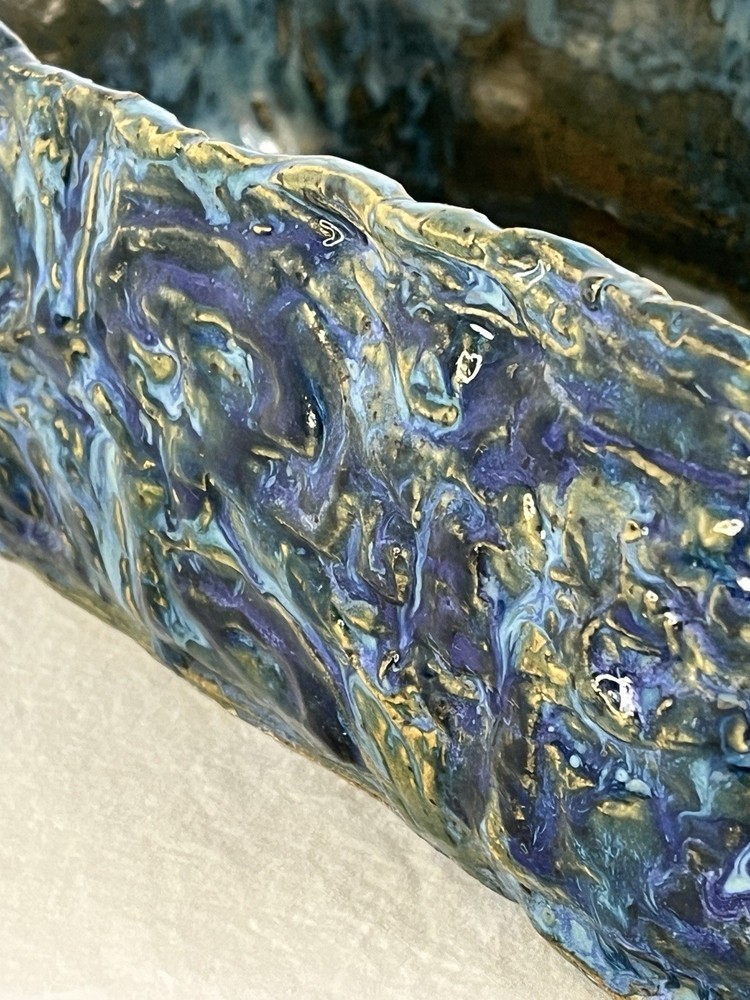 Vintage Ceramic Planter in Brutalist MCM Style Blue and Green Rectangular