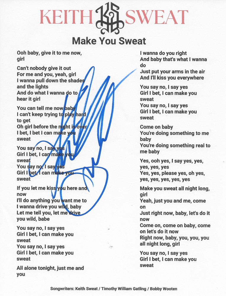 Keith Sweat Signed Make You Sweat Lyrics Sheet COA Exact Proof Autographed