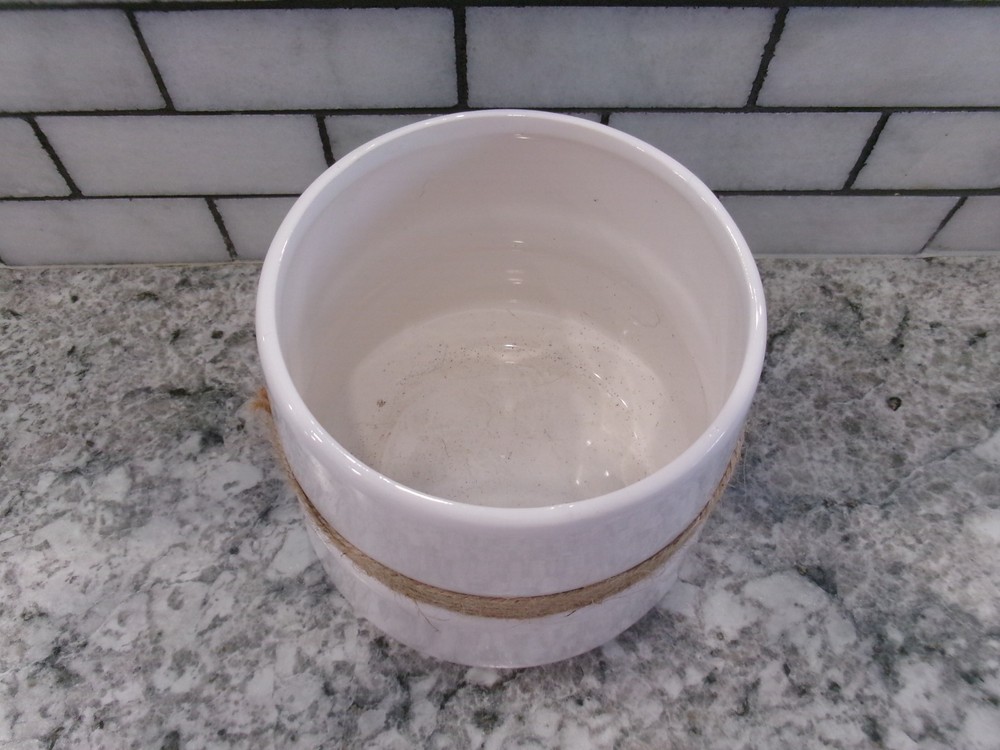 White Planter, Ceramic, Decorative Rope Accent, 5" x 5"