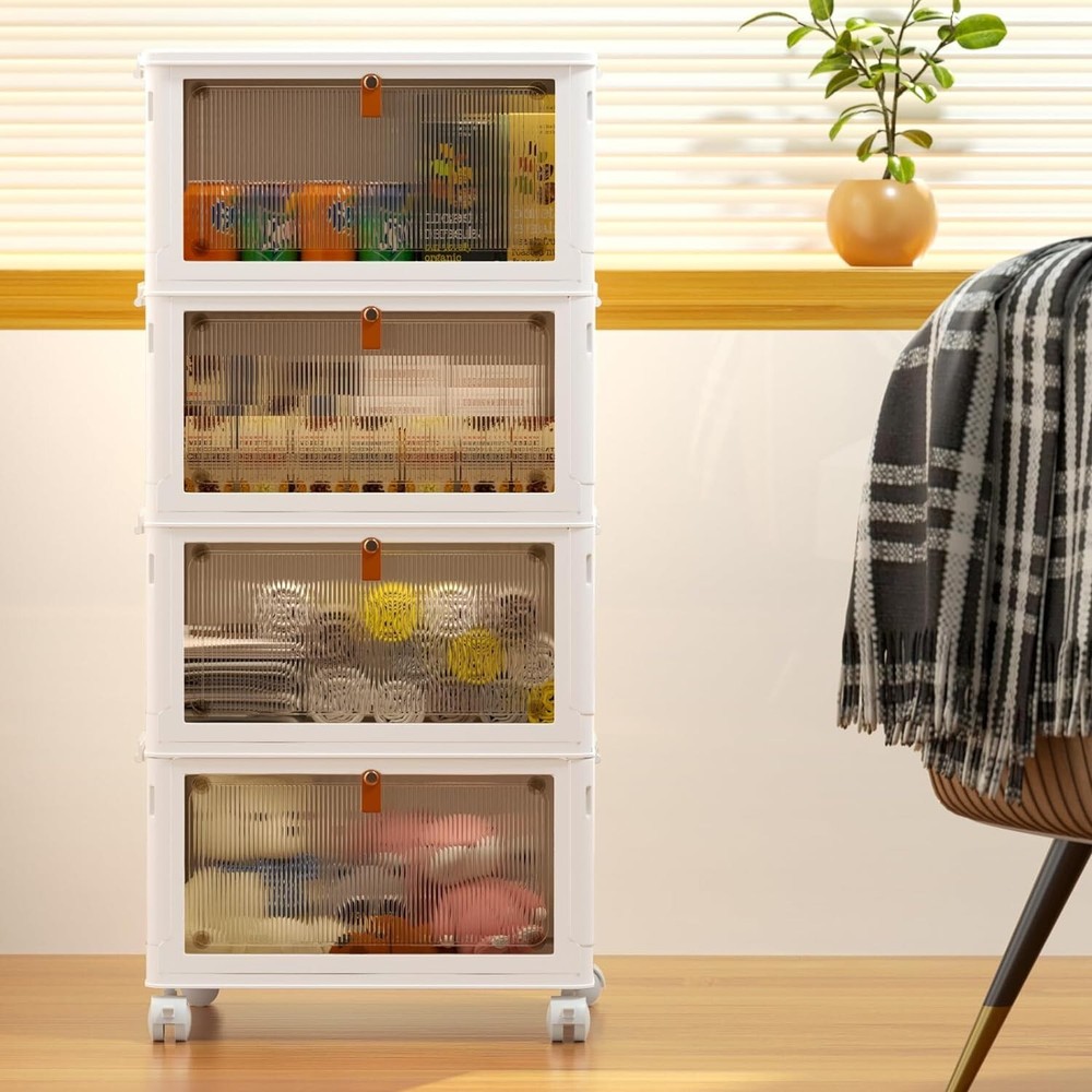 4 Tier Storage Bins with Wheels - Stackable Containers - Collapsible & Portable