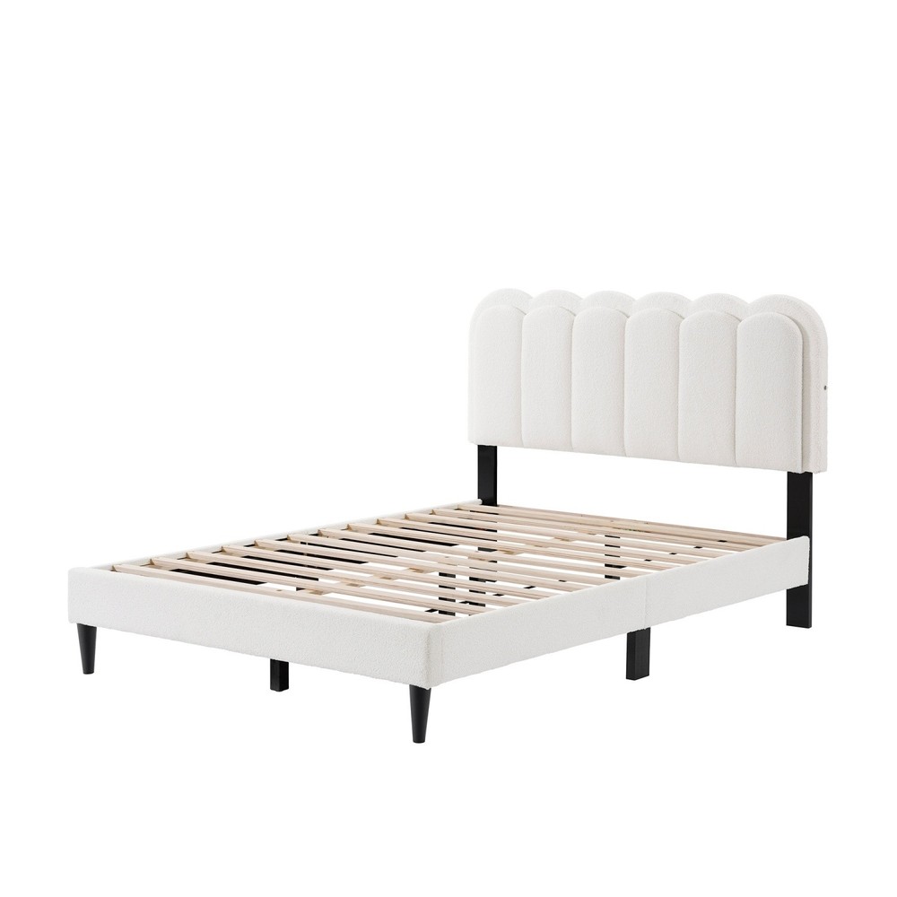 Full/Queen Size Platform Bed Frame with Upholstered Headboard & LED Light White