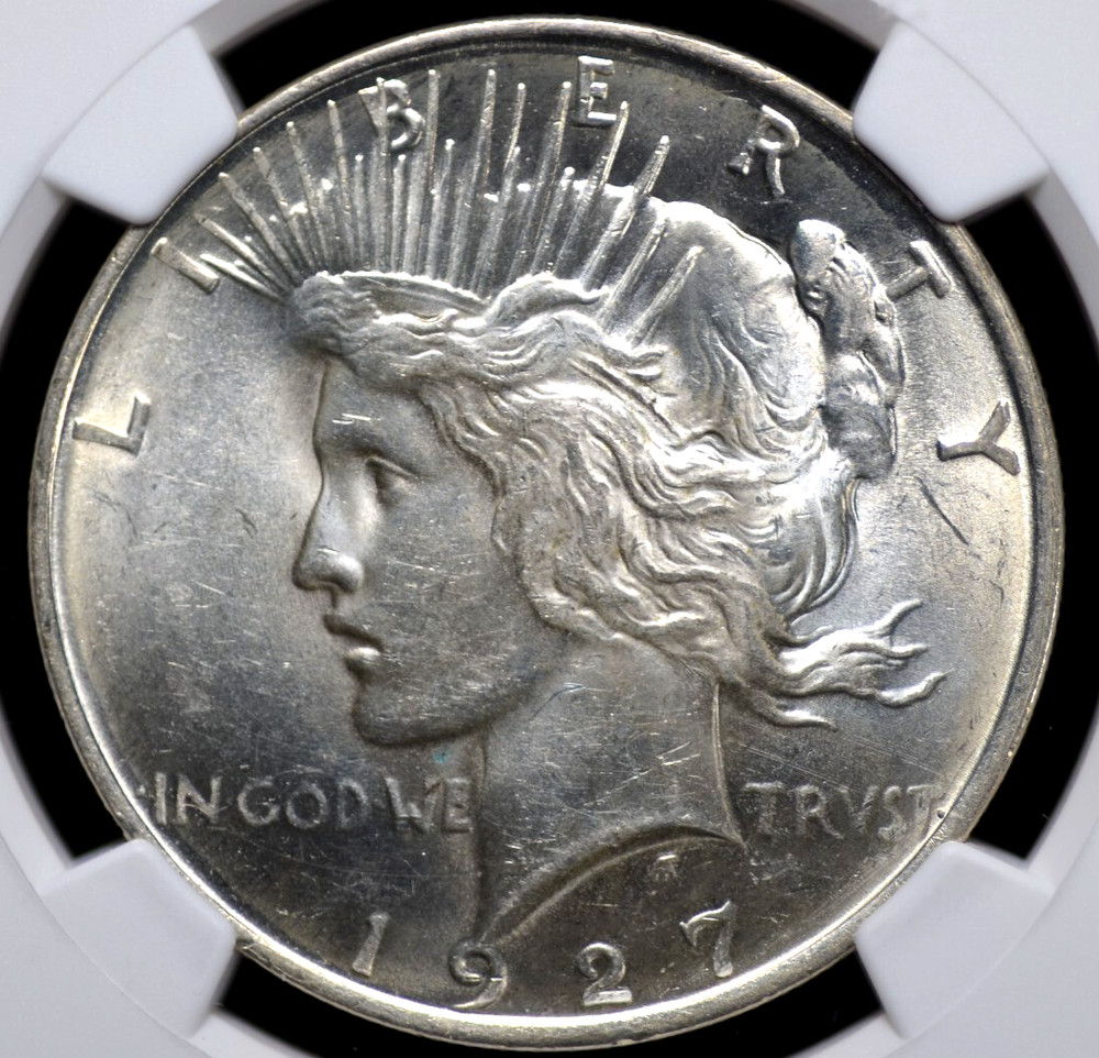 1927 D PEACE DOLLAR NGC MS 61 UNCTUOUS WHITE SATIN LUSTER, STRONG STRIKE, MARKS