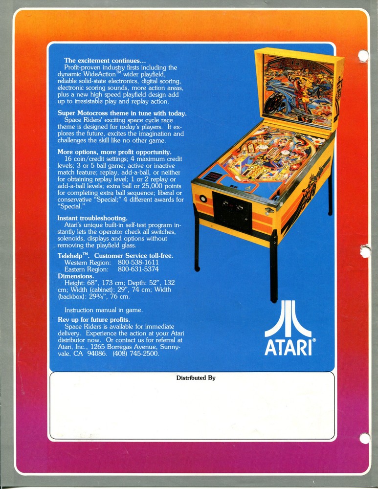 Space Rider Atari Pinball Flyer / Brochure / Ad /