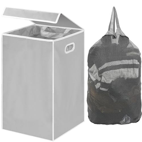 Foldable Laundry Hamper Basket with Lid and Removable Bag, Gray Grey