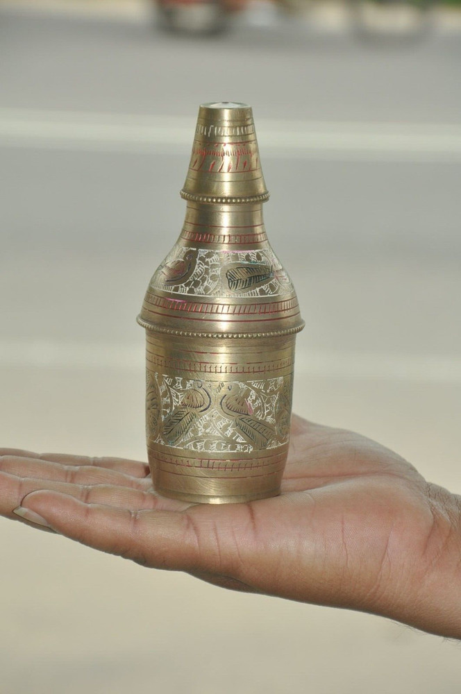 Vintage Unique Shape Brass Handcrafted Lacquer Work Powder Bottle