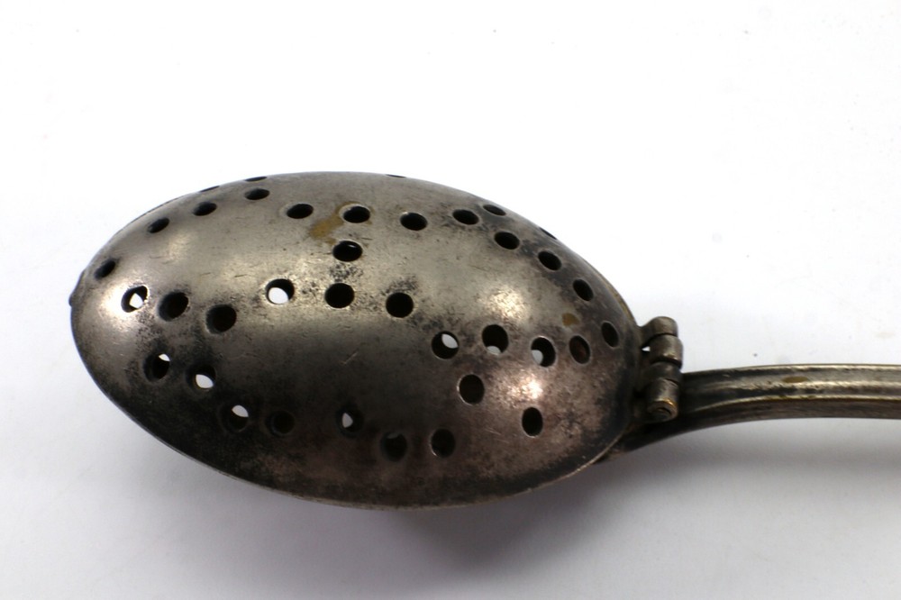 E&JB TEA INFUSER SPOON Strainer Silverplated Hinged Double Spoon Vintage