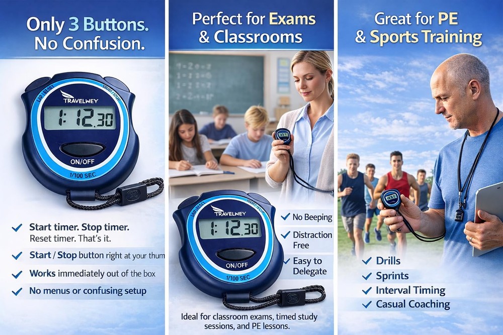 Digital Stopwatch for Teachers, Students & Coaches – Simple 3 Button, Black