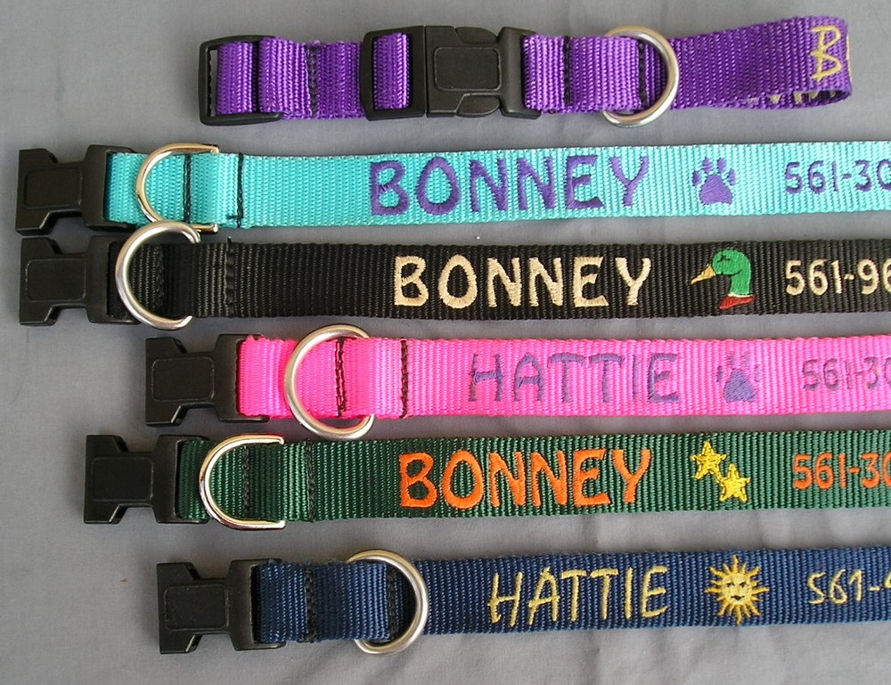 Embroidered personalized dog collars with name, etc.