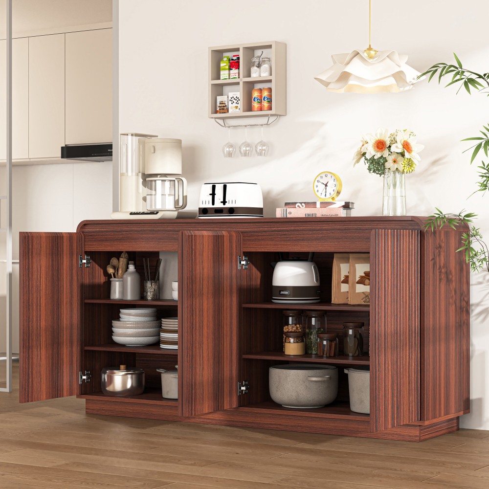 Walnut TV Stand with Power Outlet, Adjustable Storage, Fluted Handleless