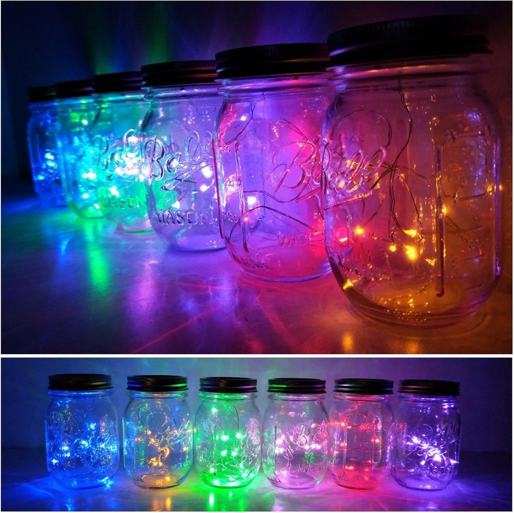 6 Pack Mason Jar Lights, 20 LED Solar Multi-Colored Fairy String Lights Lids ...