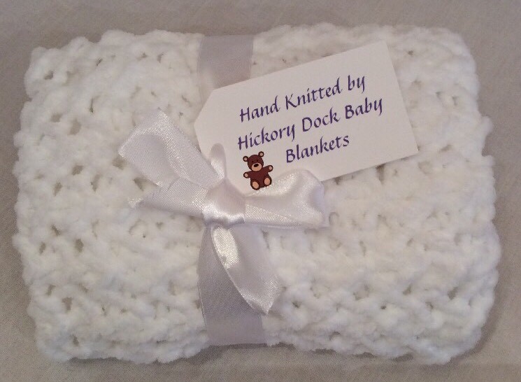 Hand Knitted White Supersoft Chenille Baby Blanket