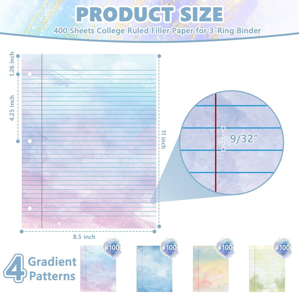 400 Sheets Letter Size Colored Loose Leaf Paper College Ruled For 3-Ring Bind...