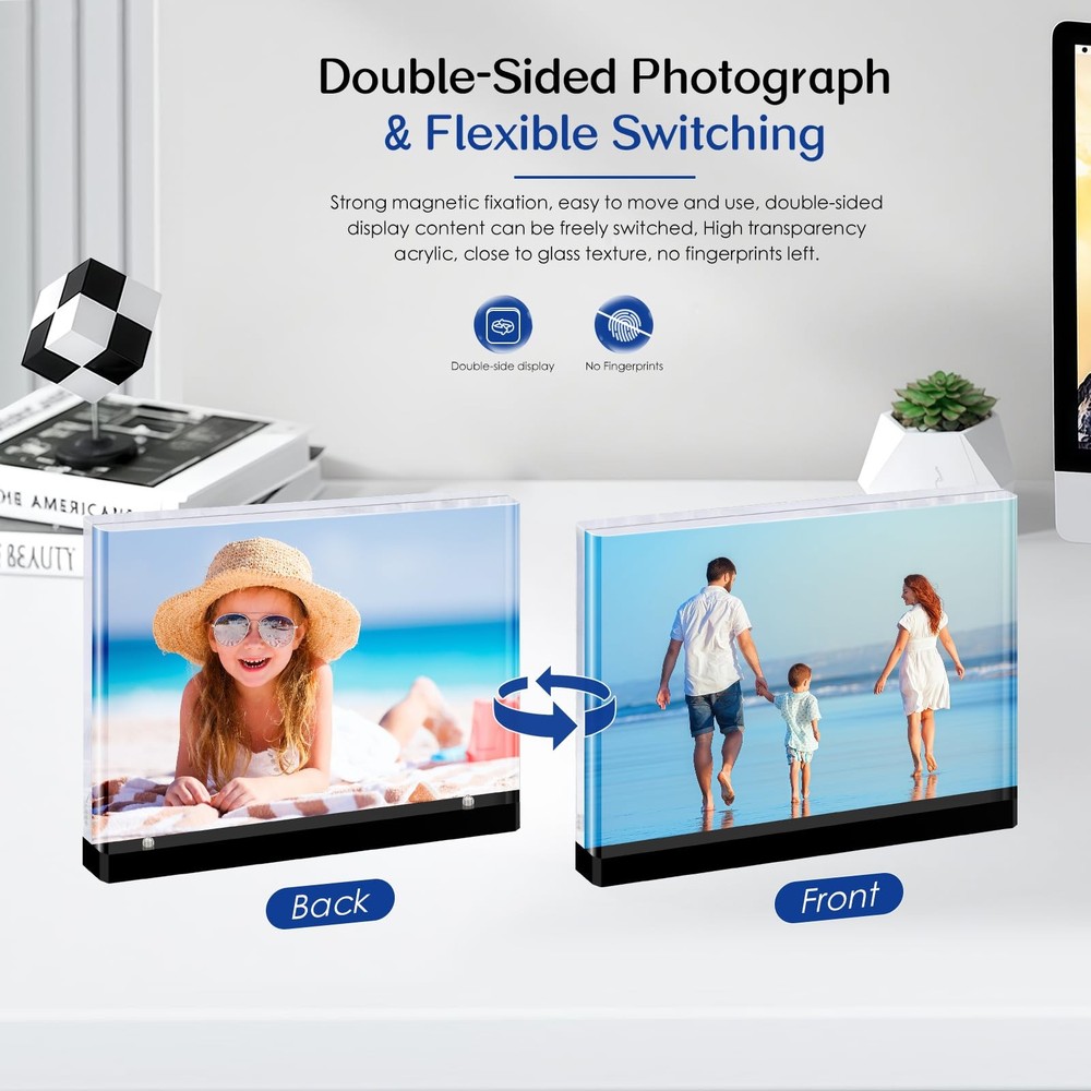 Magnetic Acrylic Picture Frames – Thick Double-Sided Clear Display, Black Bas...